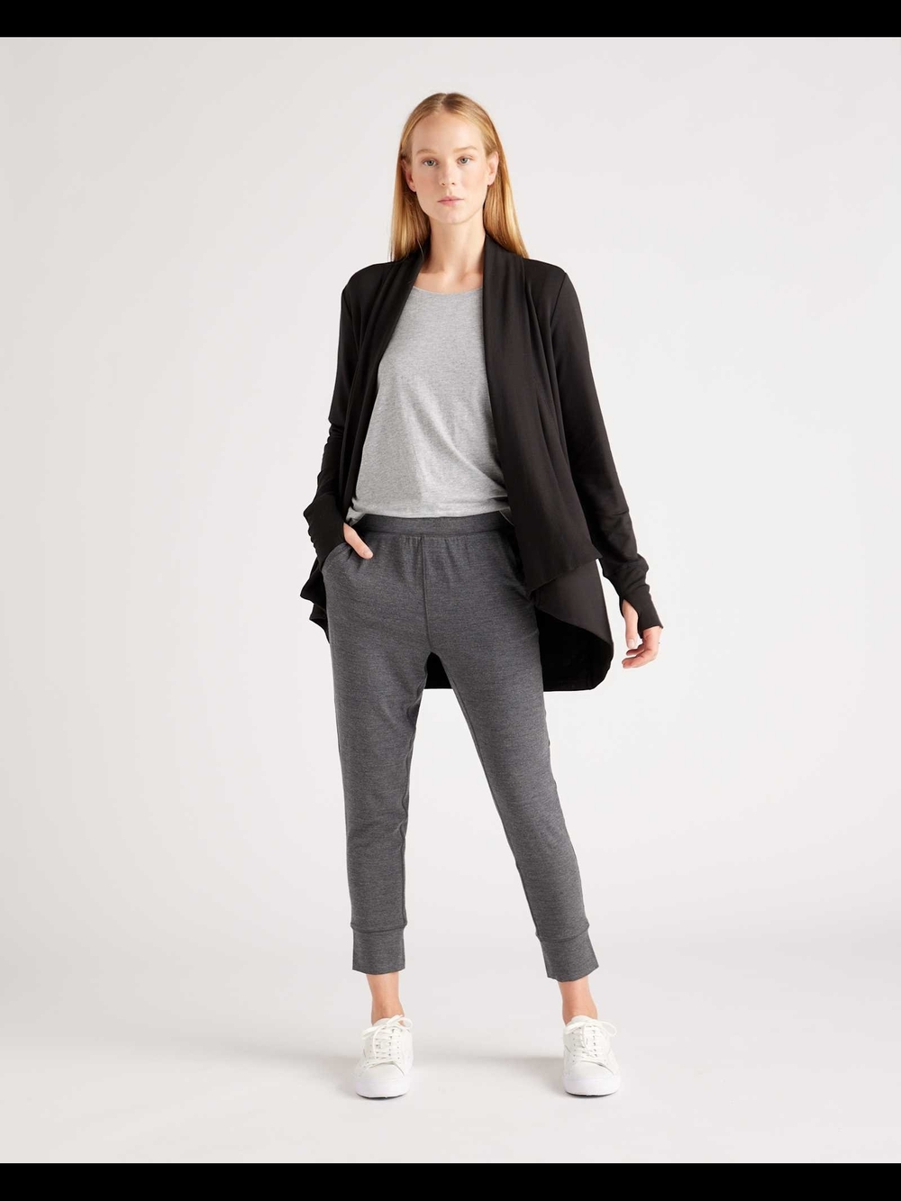 Quince Black Open-Front Draped Cardigan
